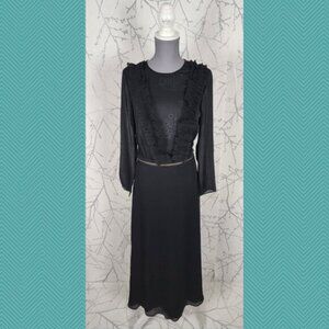 Miss Sixty Black 100% Silk Chiffon Ruffle Sheer Zipper Off Maxi Dress